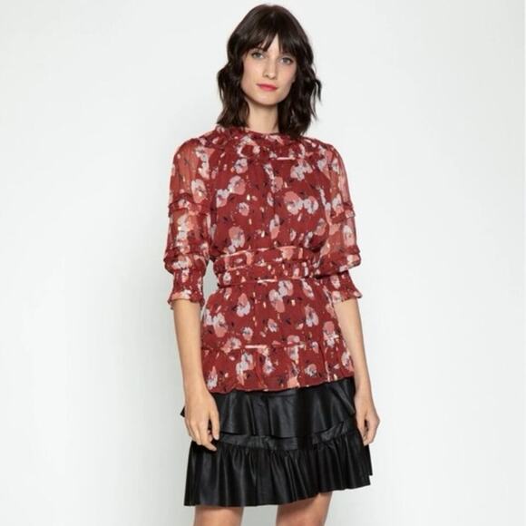 NWOT Walter Baker Red Floral Ruffle Blouse Sheer Long Sleeve Top Size Large - Picture 1 of 9